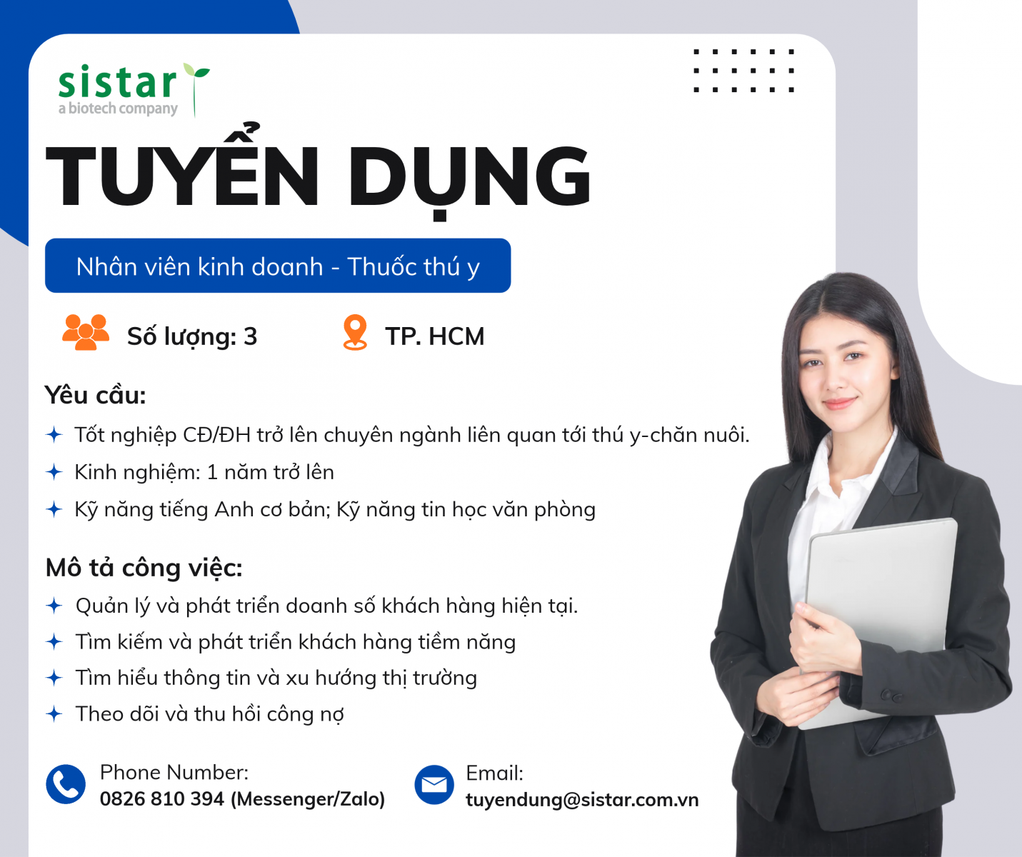 Sistar Vietnam tuyển dụng - 03 Nhân viên kinh doanh thuốc thú y tại TP.HCM