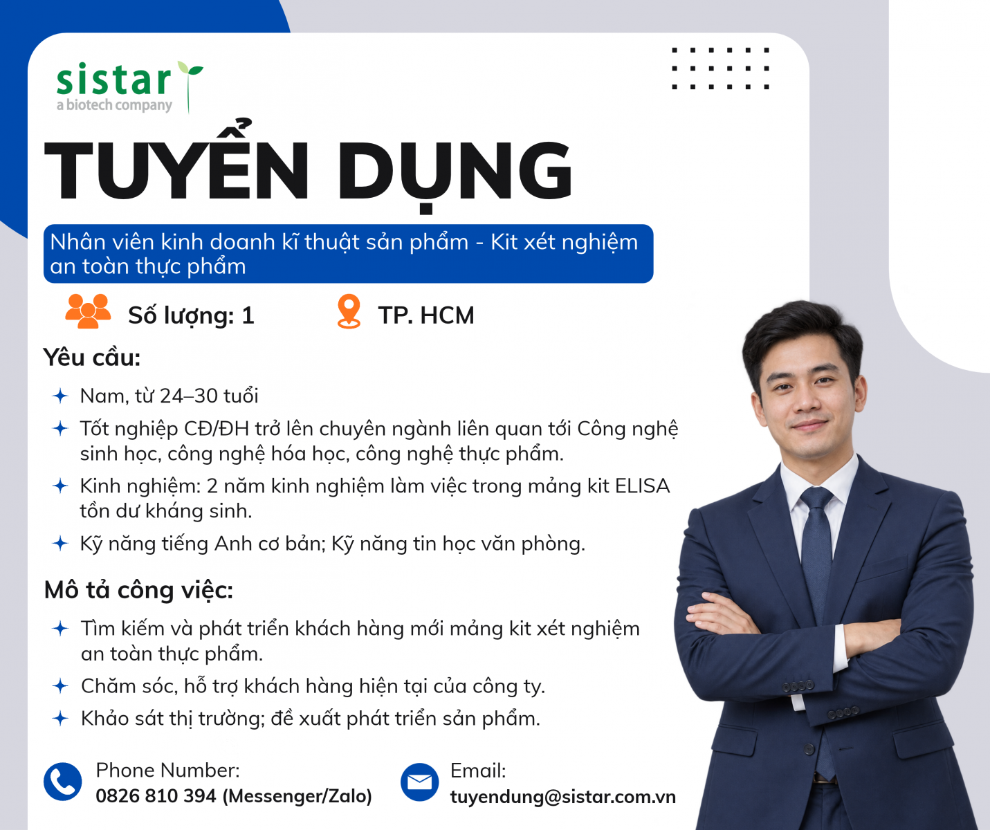 Sistar Vietnam tuyển dụng - 01 Nhân viên kinh doanh kĩ thuật sản phẩm Kit xét nghiệm an toàn thực phẩm tại TP.HCM